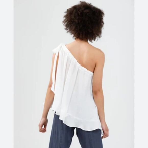 FREE PEOPLE ONE SHOULDER FLOWY IVORY BLOUSE RUFFLE TRIM SMALL - Picture 2 of 11